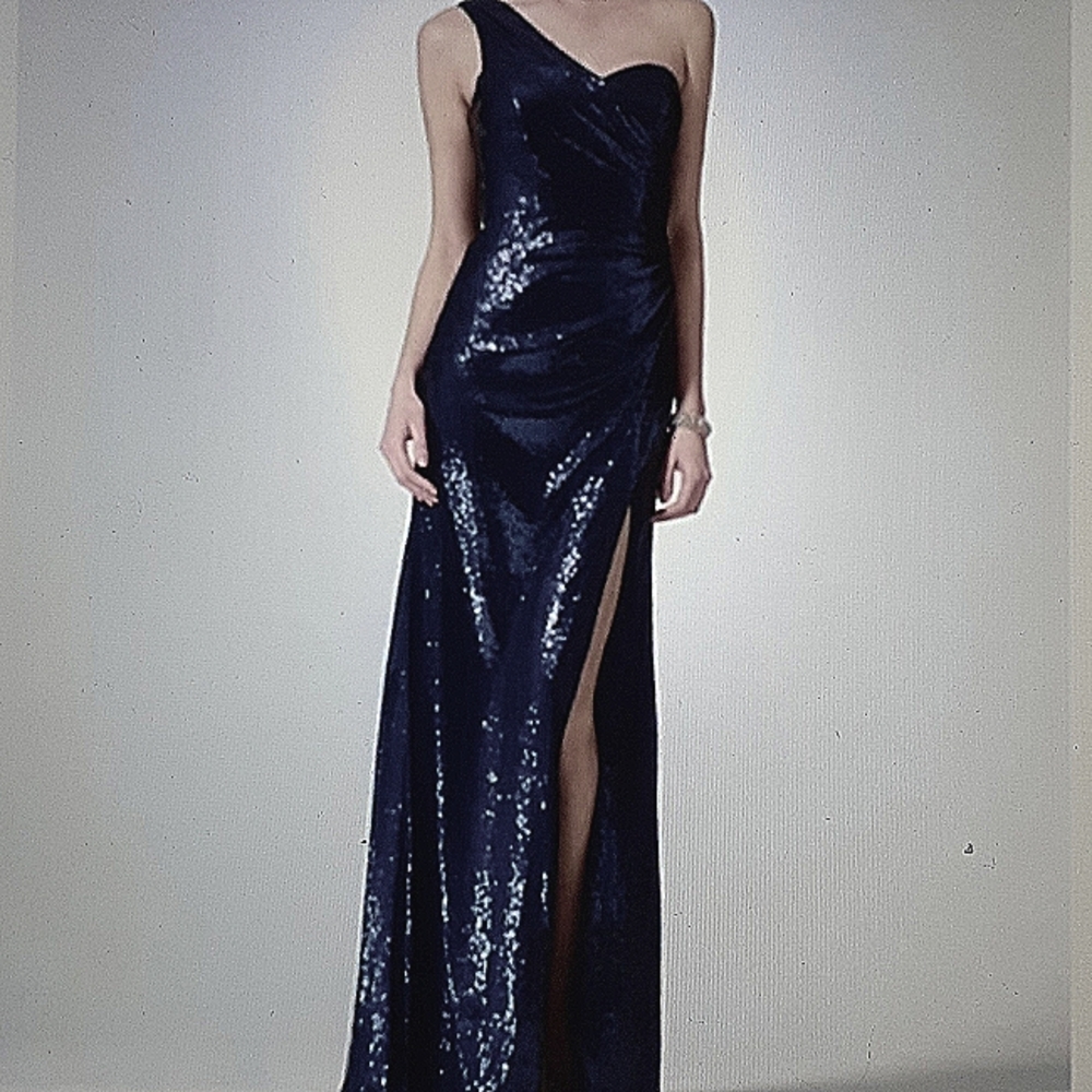 Vintage Cache' navy blue sequin gown high slit one shoulder 8